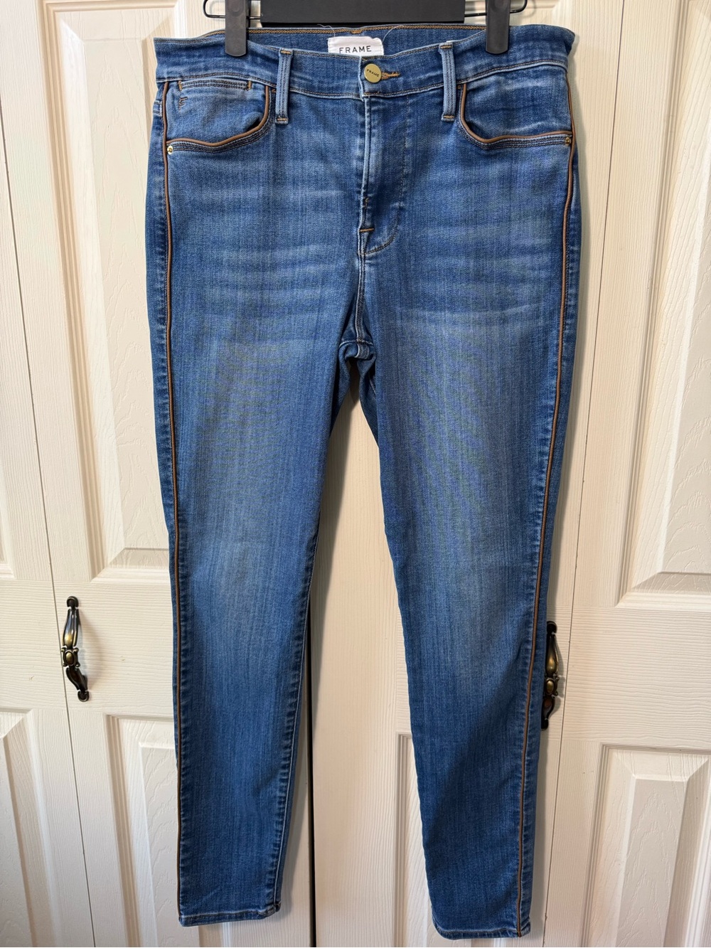 FRAME Le High Skinny Jeans Bonhill Blue Denim Brown Faux Leather Piping Size 29